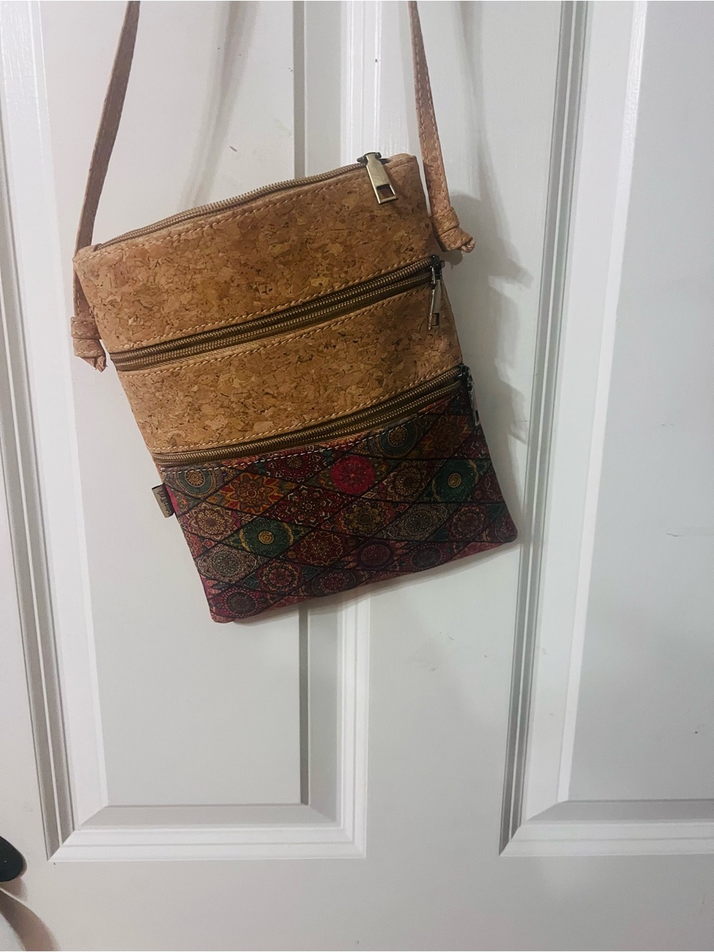 Natural Cork and Multicolor Pattern Crossbody Bag